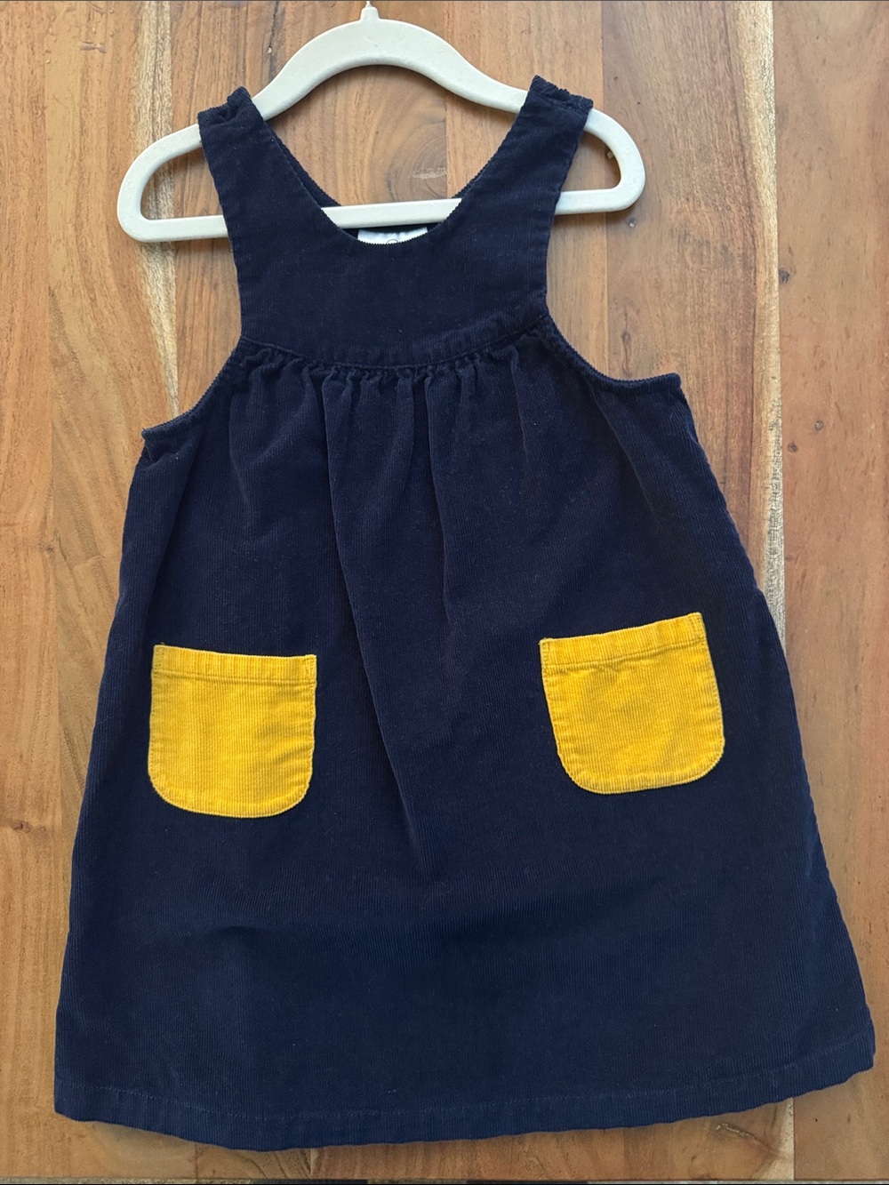 Hanna Andersson Navy Corduroy Pinafore Dress with Yellow Pockets
